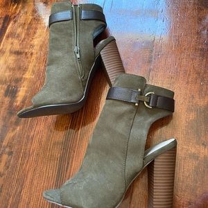 Deep olive peep toe ankle bootie